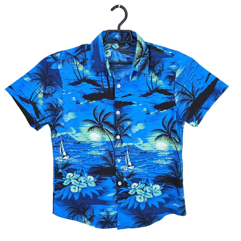 Mens Hawaiian Blue Tropical Print Shirt Short Sleeve Button Up Polyester Size S